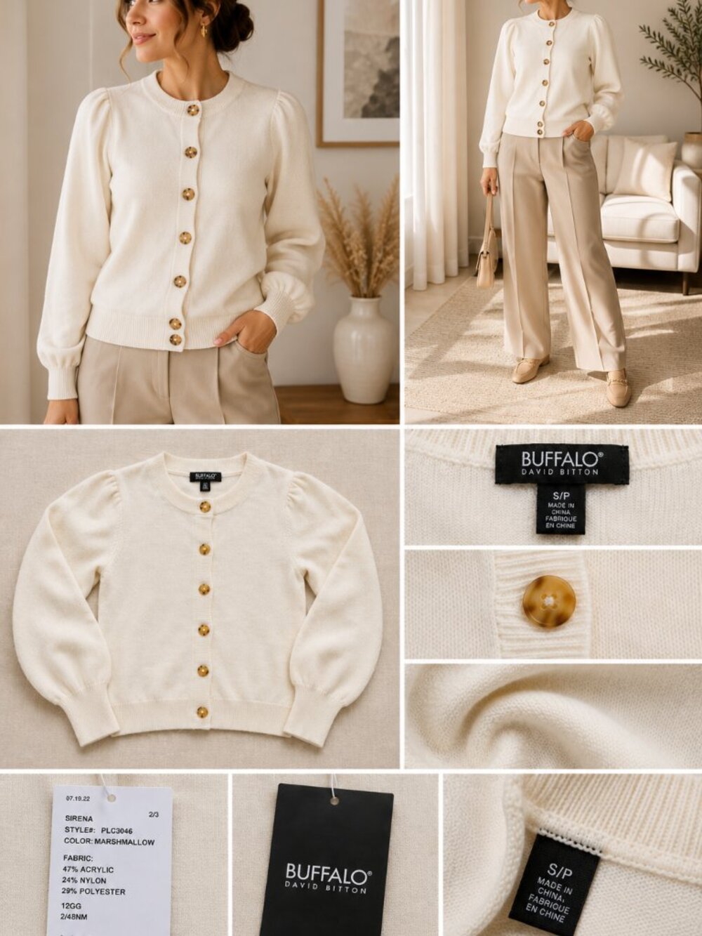 Buffalo David Bitton Cream Puff Sleeve Button Cardigan Sweater NWT Size Small - Picture 3 of 3